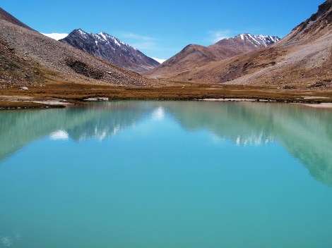 A beautiful crystal clear high-altitude lake in the Thanglasgo valley of the Indian Himalayas. 